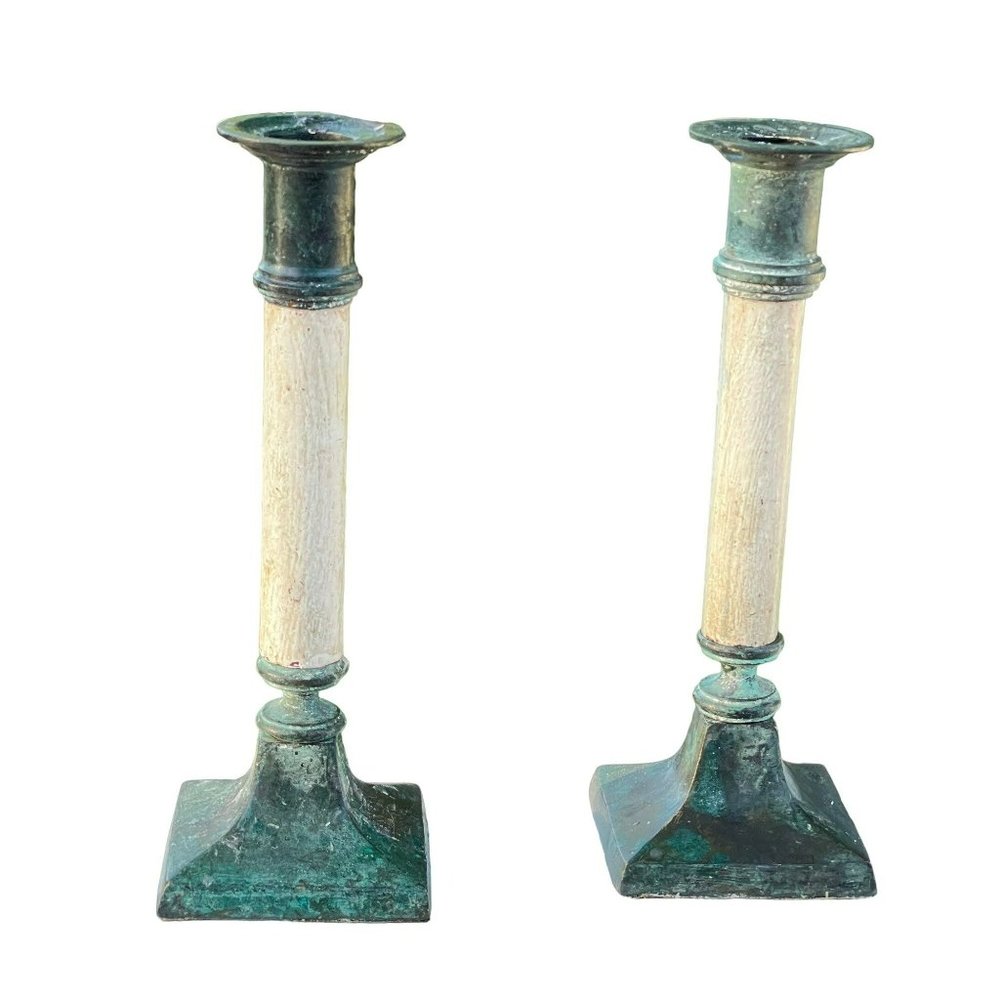 Set of Rustic Vintage Patina Cottage Metal And Wood Candle Holders 8in‎ Tall